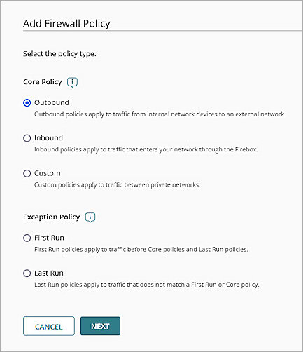 Screenshot of Cloud-Firebox, Configure Outbound Policy 1